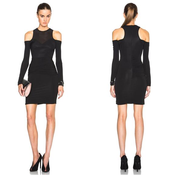 Yigal Azrouel Black Cold Shoulder Mini Dress Size 10 Ruched Stretch Whimsigoth - Picture 1 of 14